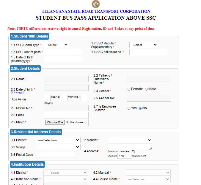 tsrtc bus pass online application Form